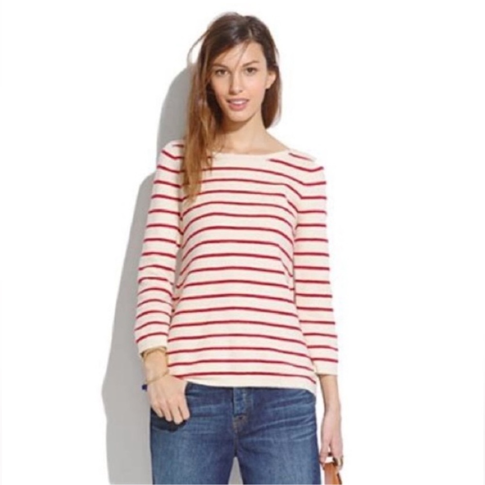 J. Crew Women’s Striped 100% Cotton Side Zip Boatneck Sweater Red White Medium